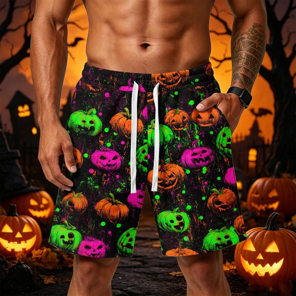 Men's Loose Fit Halloween Themed Athletic Shorts with Elastic Waistband and Multiple Pockets Casual Sportwear Bottoms for Outdoor Activities