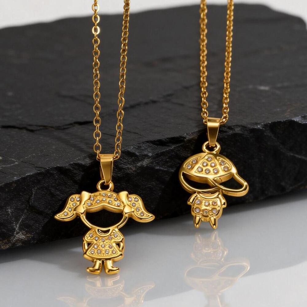 Little Boy Little Girl Necklace for Men Women Couple,Gold Color Crystal Zircon Hat Boy Pigtail Girl Sweater Chain Collar Gift