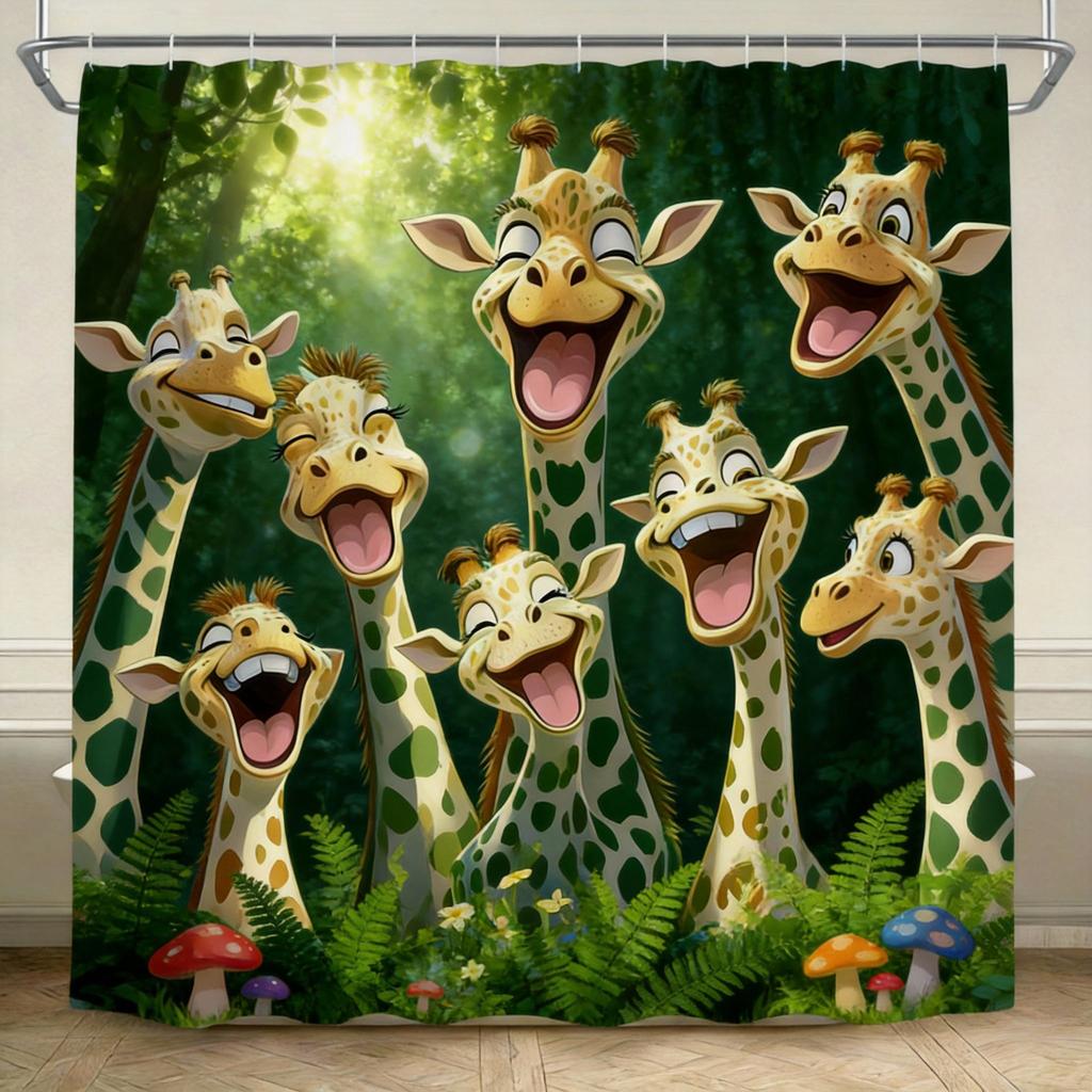 Giraffe Shower Curtain 180x180cm – Cartoon Orange Giraffes On Blue Sky Green Grass, Kids Bathroom Decor, 12 Hooks