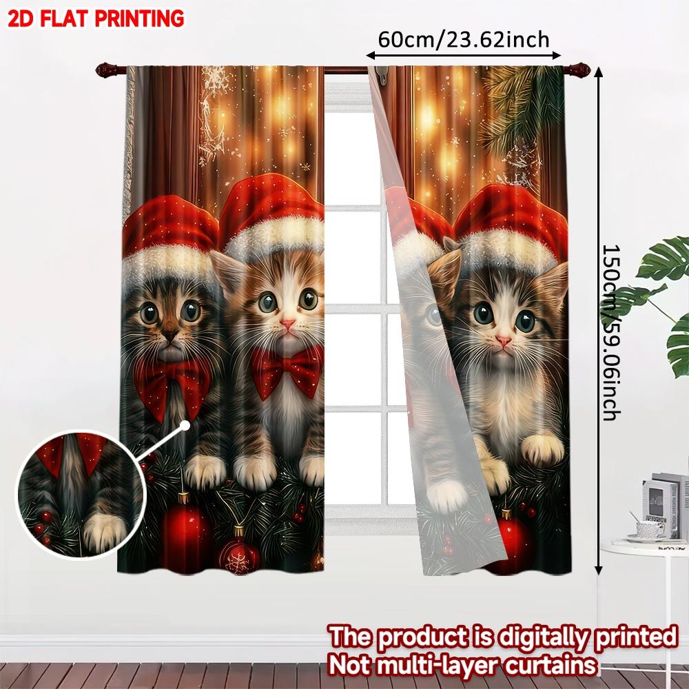 Set Of 2 Flat Printing Happy Christmas Fashion Curtains Cute Kittens Digital Printed Polyester Drapes Party Holiday Made