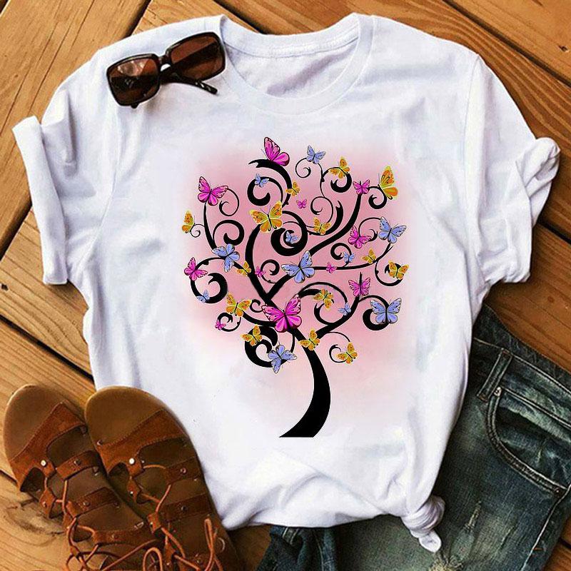 Women Summer T Shirt  Tree Pattern Print Retro Fashion Short Sleeve Tees Casual   Printed  Tops