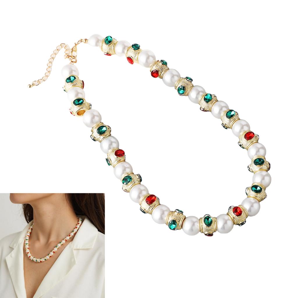 Vintage Heavy Craftsmanship Glass Pearls Necklace With Red Green Gemstones Designs Zinc Alloy Jewelry for Women
