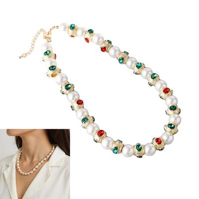 Vintage Heavy Craftsmanship Glass Pearls Necklace With Red Green Gemstones Designs Zinc Alloy Jewelry for Women