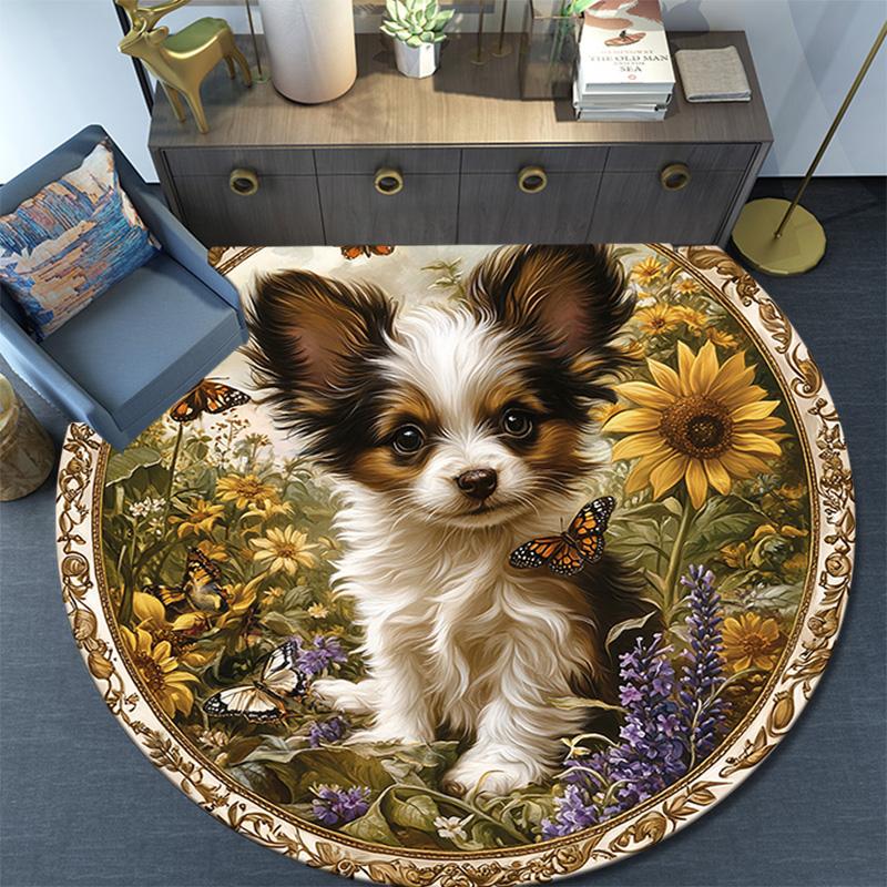 Puppy In Sunflowers Round Area Rug,Carpet Rug for Living Room Bedroom Sofa Playroom Decor,Non-slip Floor Mat