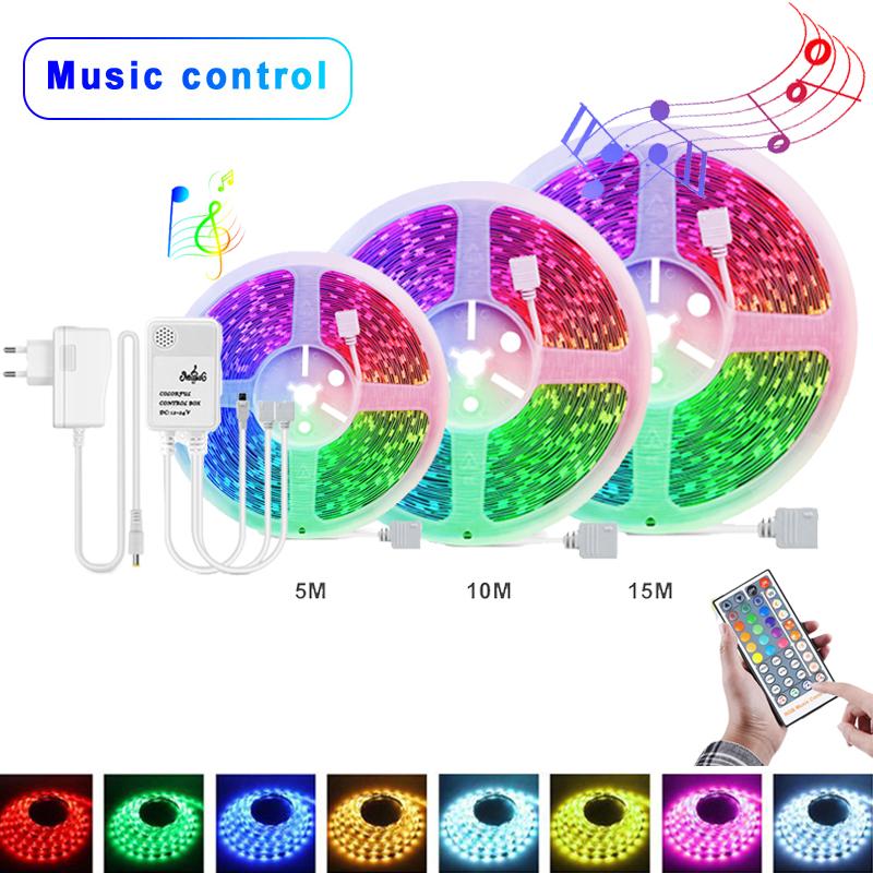 

Светодиодная лента с синхронизацией музыки RGB 5050, светодиодная лампа 5 м, 10 м, 15 м, 12 В постоянного тока, гибкая лента, праздничная декоративная лампа для спальни с адаптером ЕС 5M