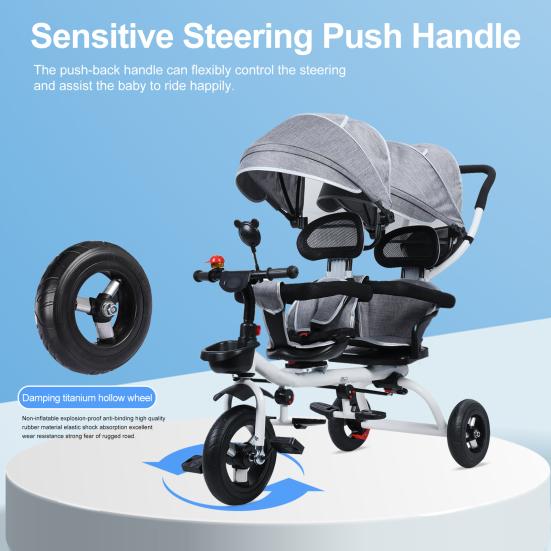 Tandem-Dreirad mit Doppelsitz und Verdeck, kippsicher, stoßfestes Gummirad, doppelter Kinderwagen, Kinderdreirad mit Klingel und Spiegel