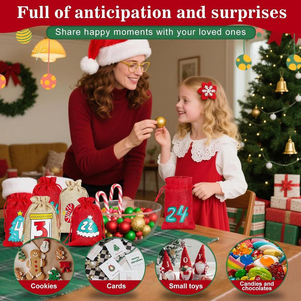 Leere Kalender Adventsbeutel Weihnachten Countdown Wiederverwendbar 24-Tage Leere Kordelzugbeutel Mit Nummern Für Hochzeit Feiertag Geburtstag