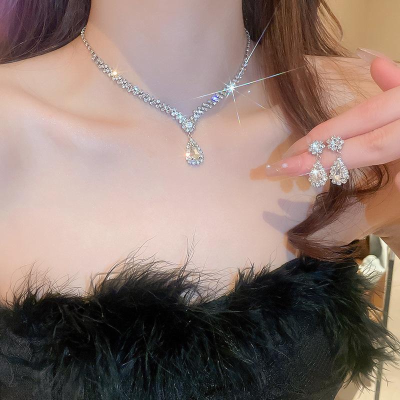 Simple Water Drop Crystal Rhinestone Necklace Earrings For Women Wedding Bride Zircon Sets Accessories