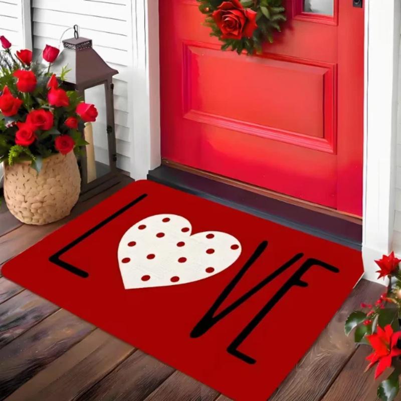 VIKAMA Valentine'S Day Heart Welcome Doormat Red And White Heart Pattern Carpet Machine Washable Entrance Door Mat Home Decor