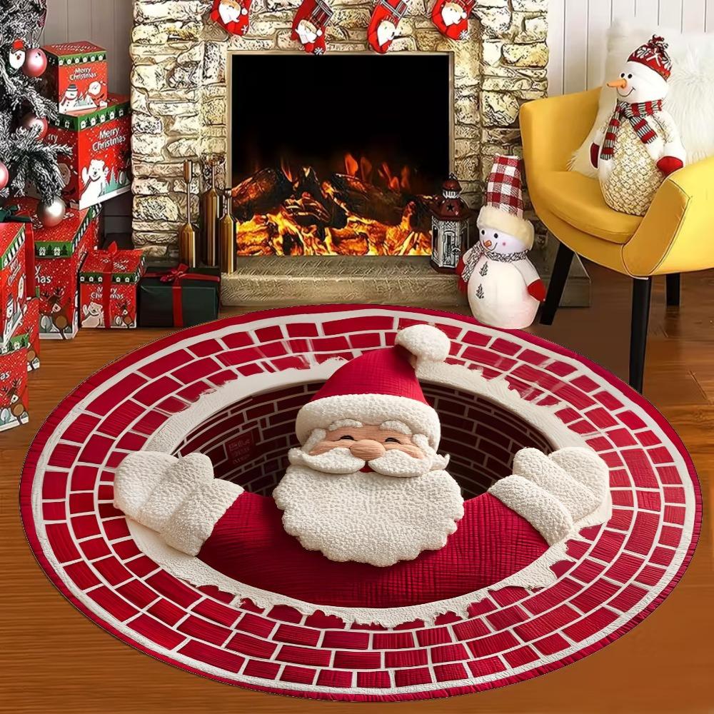 Santa Claus Round Carpet 3D Optical Illusion Pattern Floor Mat Christmas Holiday Decor Non-Slip Rug for Living Room Bedroom