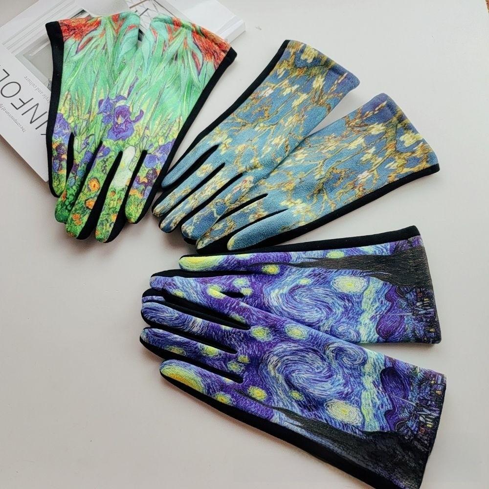 Oil Painting Print Touch Screen Gloves Thick Fleece Lining Art Printed Gloves Retro Opera