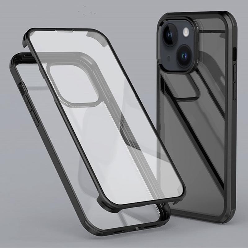 For iPhone 15 Clear Phone Case Tempered Glass+Silicone Frame Double-Sided Protective Cover