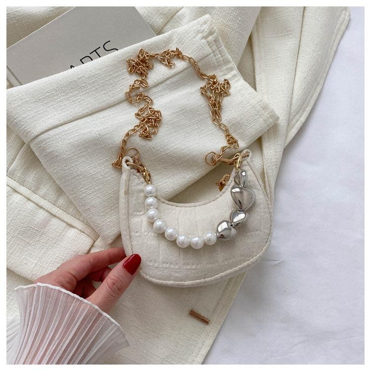 Trendy Solid Color Women's Mini Bags  Summer Temperament Fashion Chains Crossbody Pack Chic Pearl Handbag