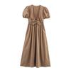 2025 Summer Women's European & American Retro Puff Sleeve V-Neck Dress with Bow Decoration