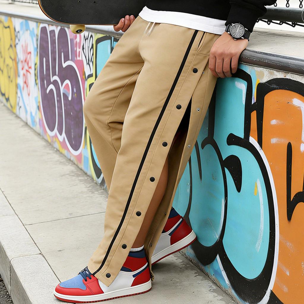 Men's Solid Color Trousers Men's Single Breasted Striped Loose Sweatpants