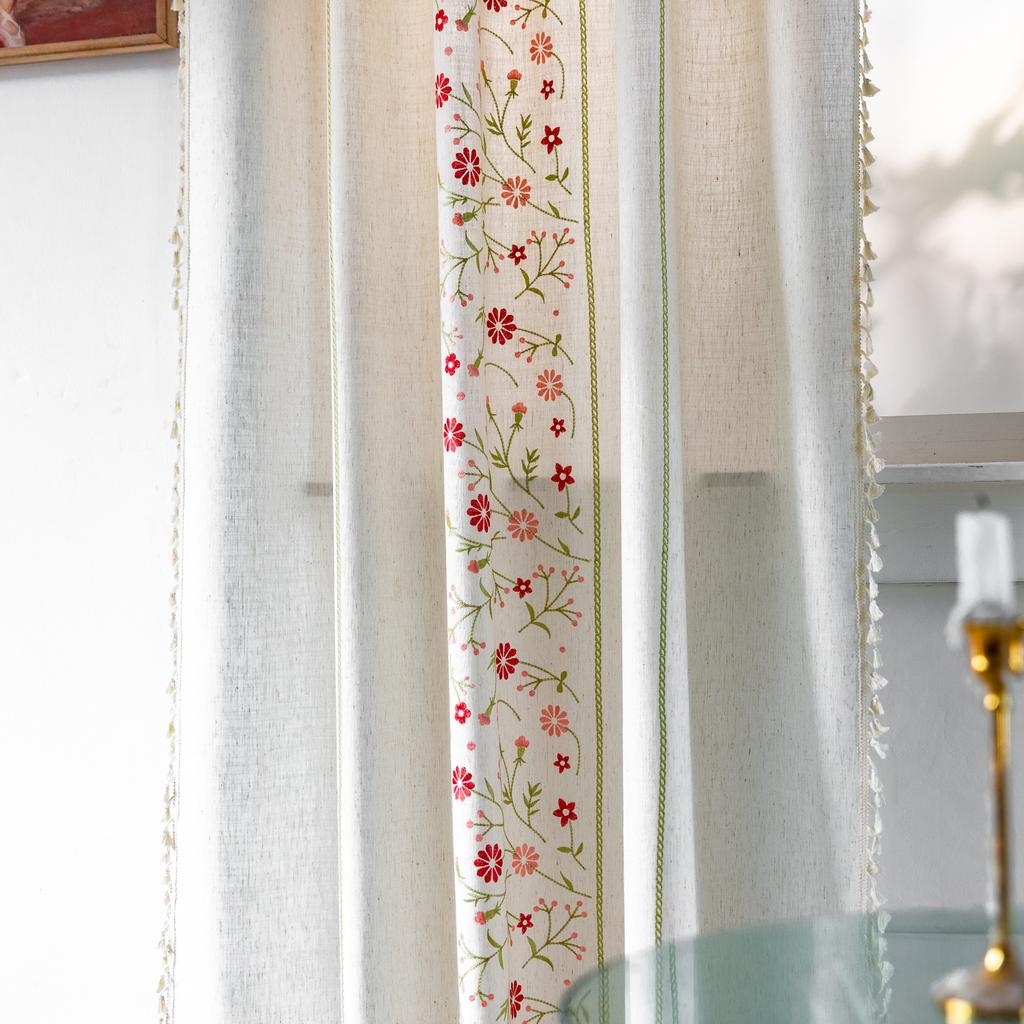 Curtain Finished Product, Cotton And Linen Art Tassel Embroidery Bay Window Curtain