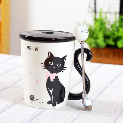 New Cat Tail Handle Mugs Cup Ceramic Coffee Tea Milk Drinkware with Spoon Cover Three In One Lovely Mug Gift