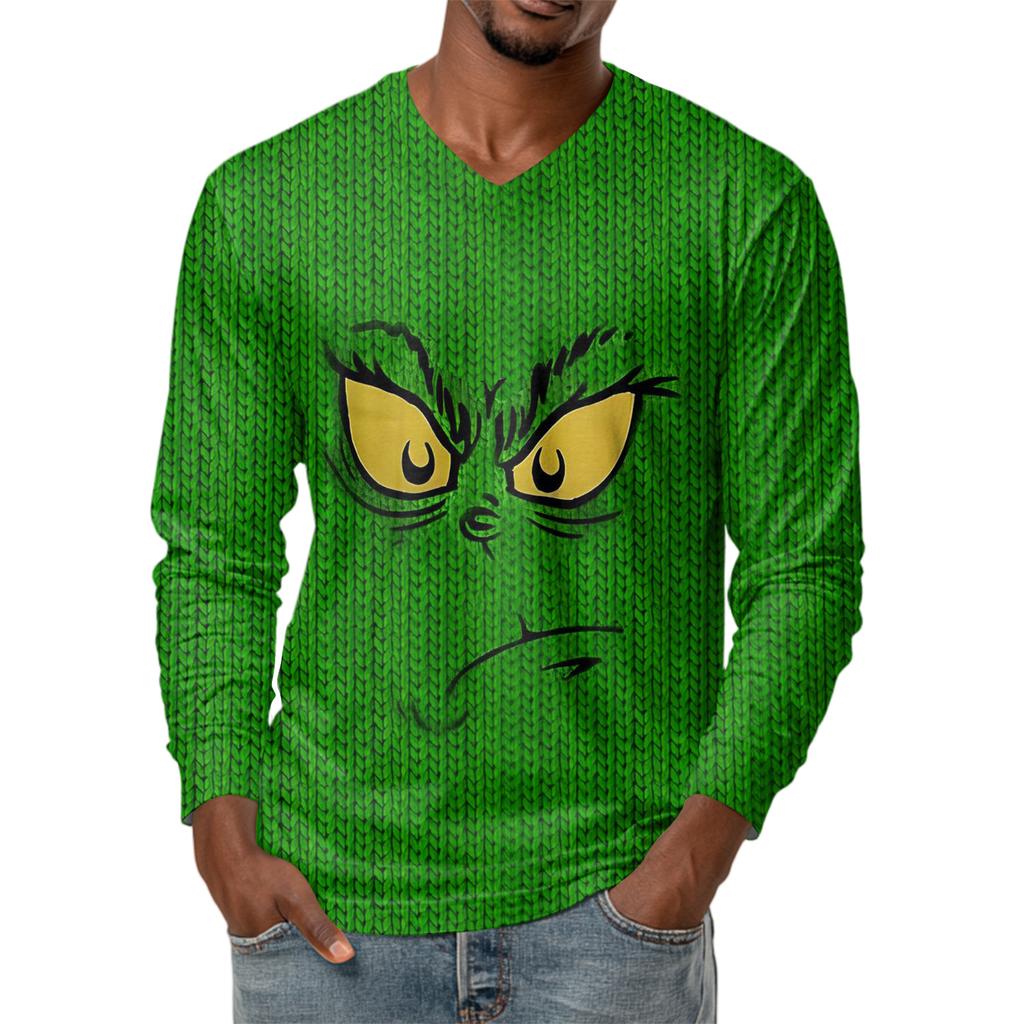 Men's Fashion Printed V-Neck Casual Long-Sleeved T-Shirt Bottoming Shirt Top