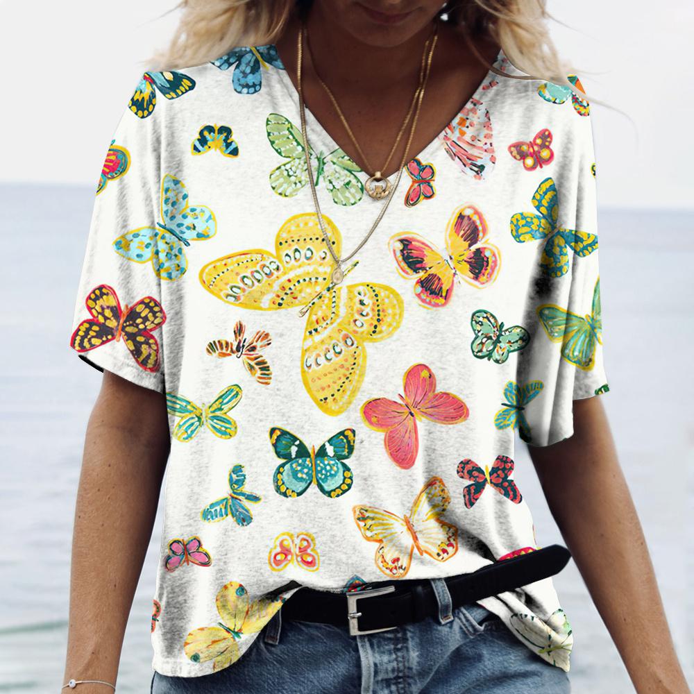 

Винтажные футболки с 3D-принтом бабочки, женская футболка, летние футболки с V-образным вырезом, топы, повседневная женская свободная рубашка в стиле харадзюку S