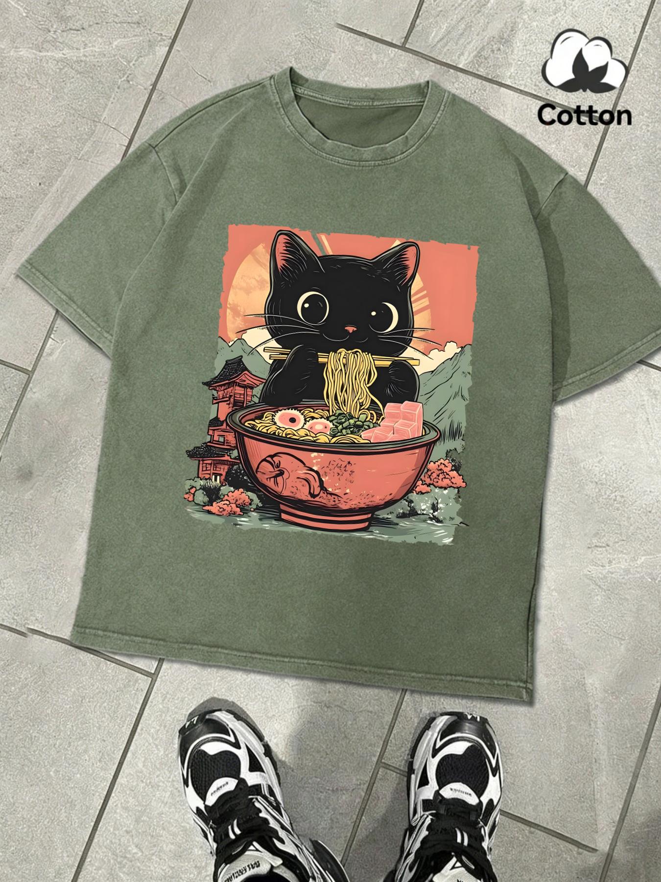 

Retro Cats Like To Eat Lamian Noodles Washed Men TShirt Soft Cotton Short Sleeve Retro Summer Clothing Mans Fashion Loose Top S
