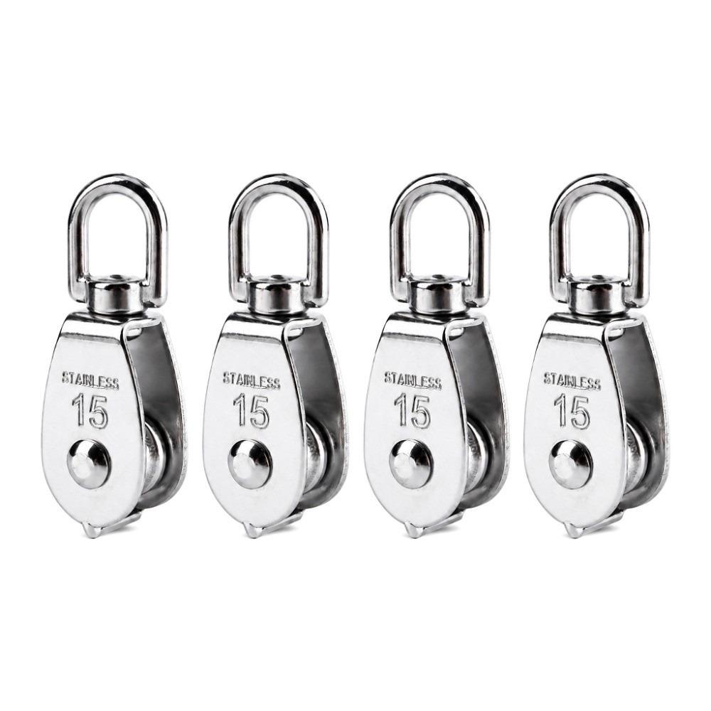 4pcs Silver Single Wheel Pulley 304 Stainless Steel Rope Pulley Block Snap Hook Pulley Hanging