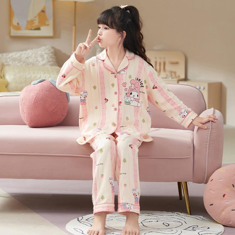 100% Cotton Girls Pajama Set Long Sleeve Cartoon Print Sleepwear Open Front Robe Style Fall