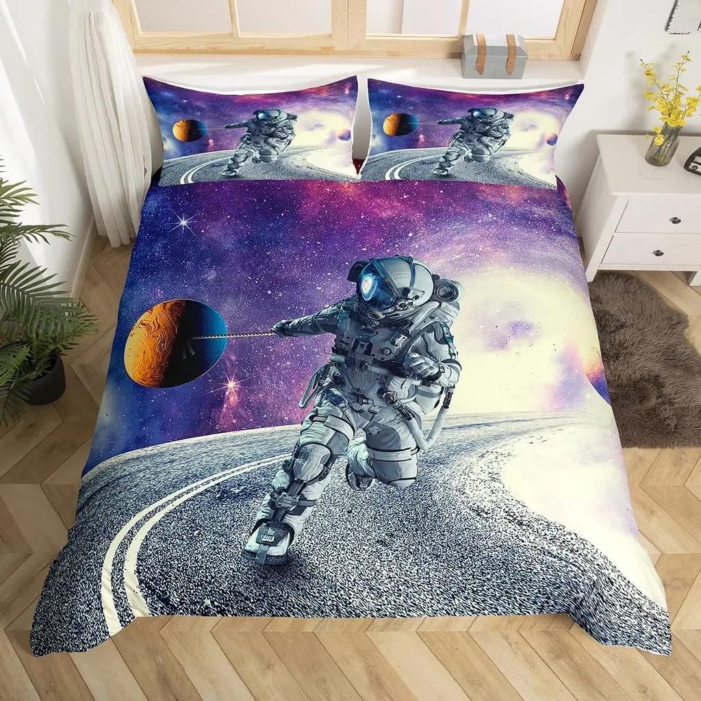 Tegneserie Astronaut Dynebetræk Sæt Måne Skyer Stjerneklar Himmel Dynebetræk Mikrofiber Galakse Sengetøjssæt Twin King Til Drenge Piger Gave