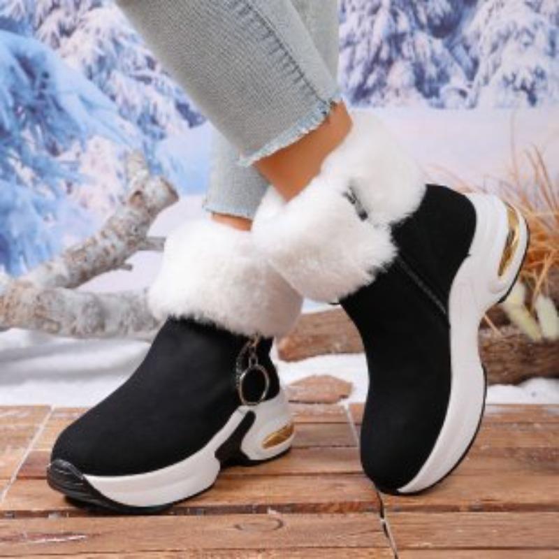 Große Größe Wildleder Schneestiefel Damen Neu Flauschig Kurzer Schaft Mit Fleece Zum Warmhalten Und Erhöhen Der Höhe Modisch Baumwollstiefel