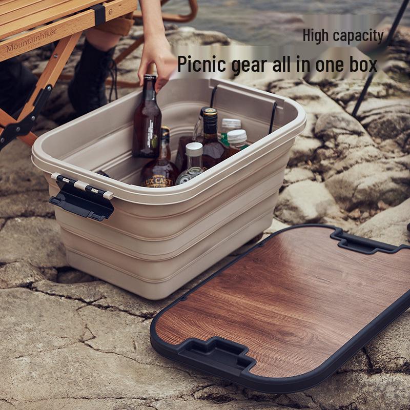 Outdoor Folding Picnic Basket with Wooden Lid - Multifunctional Storage Box for Camping or Car Use