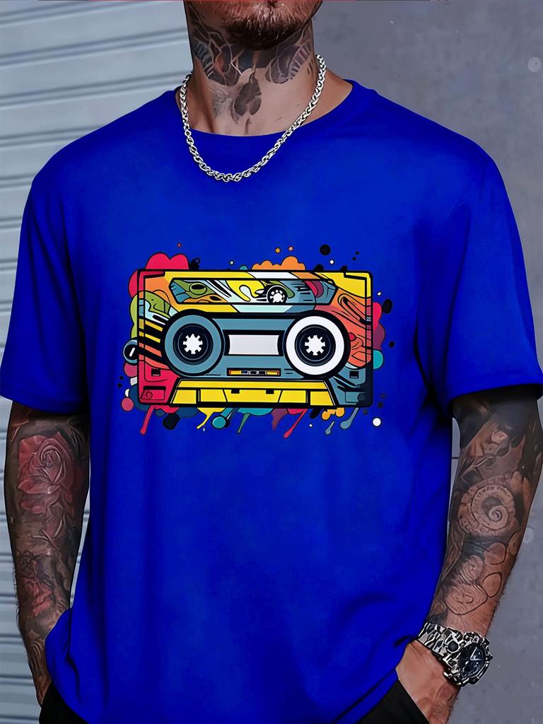 Black Unisexs Summer Tee Vintage Color Graffiti Cassette Tape Print Short Sleeve Casual Street T Shirt For Retro Music Hip Hop Fans