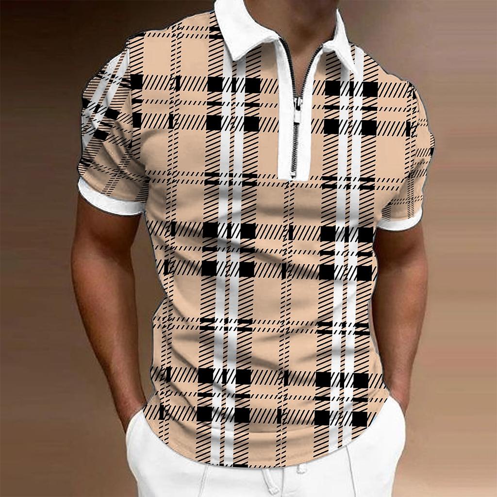 Men's Shirt Polo Casual Zip Short Sleeve Fashion Casual Zipper Summer Spring Regular Fit 3D Green Grid Print Shirt