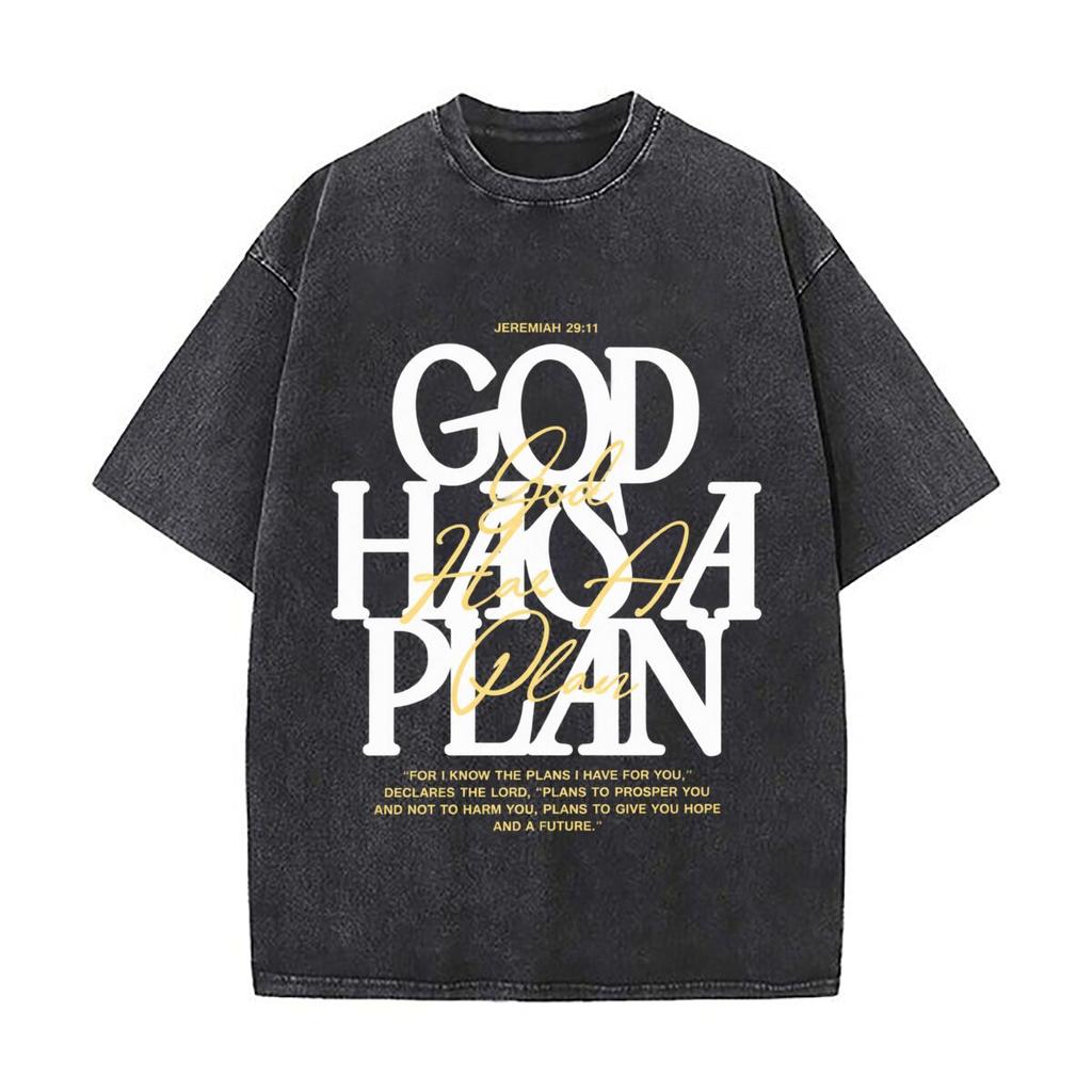 God Has A Plan Jeremiah 29 11 Christian Faith Quote Washed Short Sleeve Loose Streetwear Tee Hip Hop