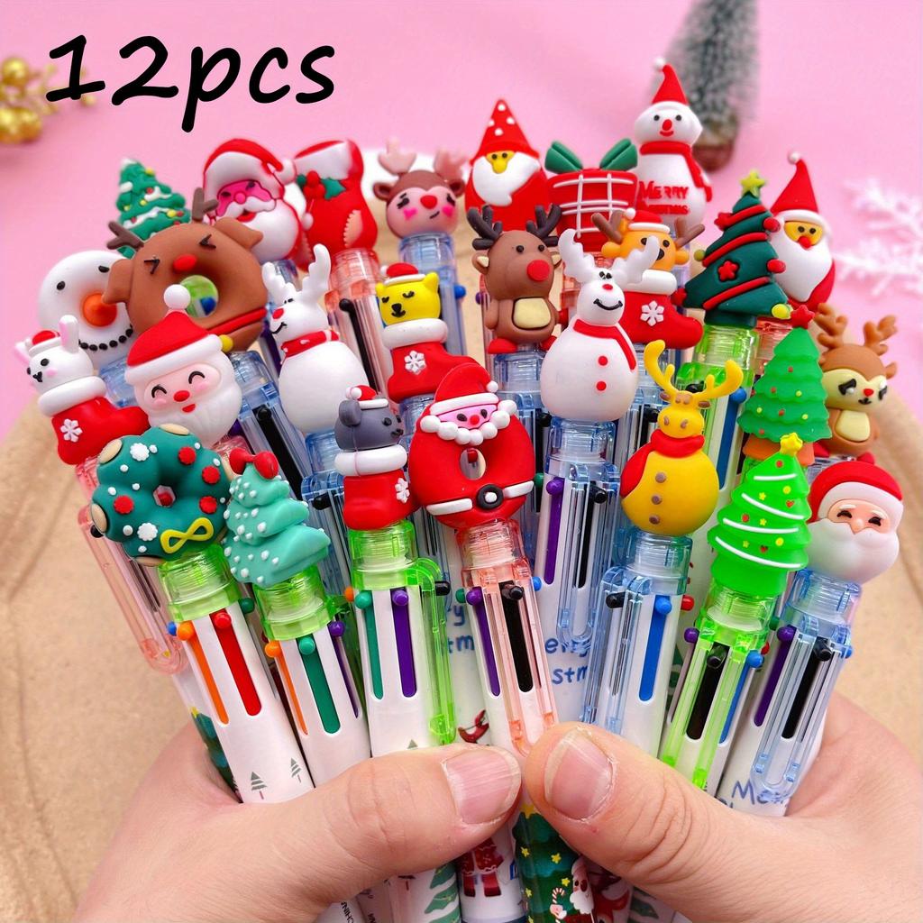 12pcs Cute Christmas Ballpoint Pen Cartoon Santa Claus Xmas Tree Snowman Retractable Pen Nativity New Year Gifts Decor Prop 6 Color-in-1 Ballpoint Pen