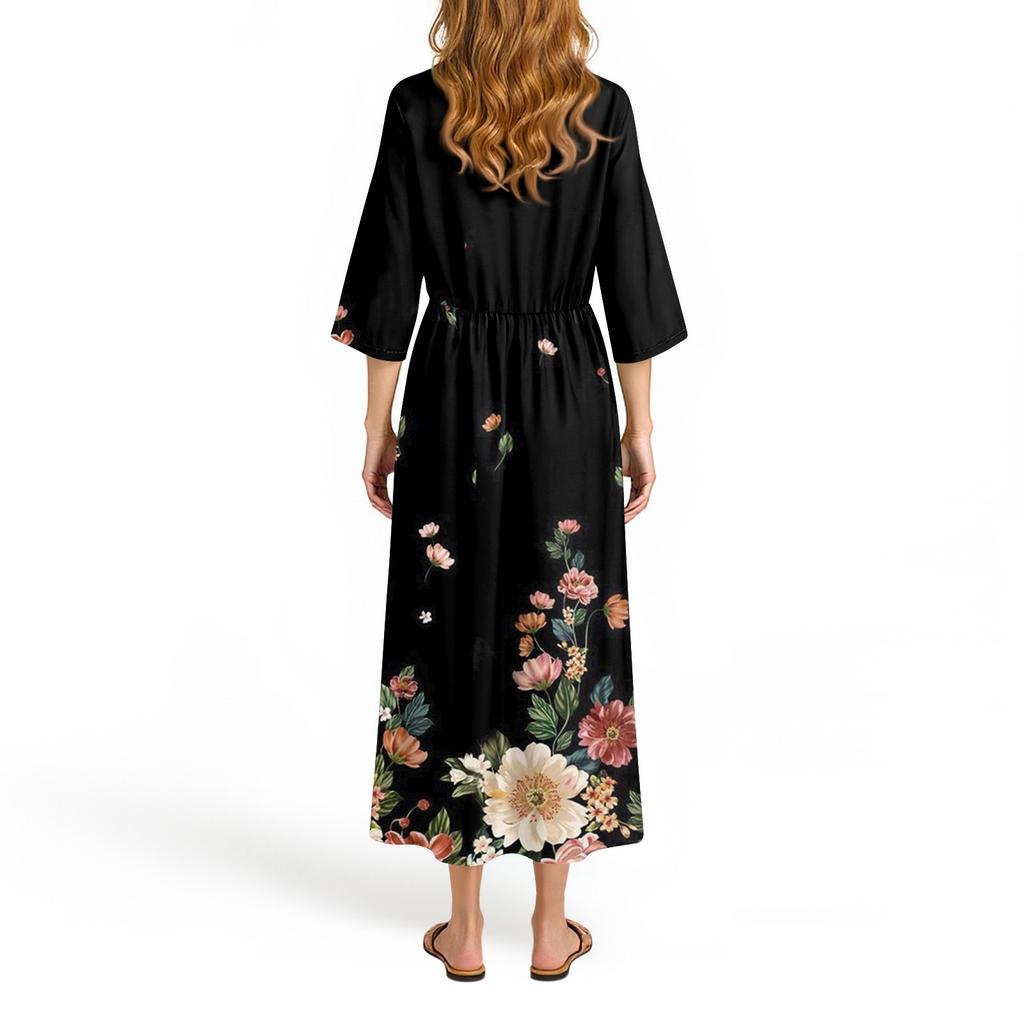 Damen Modisches Bedrucktes Rundhals Siebenviertelärmel Lockeres Kleid