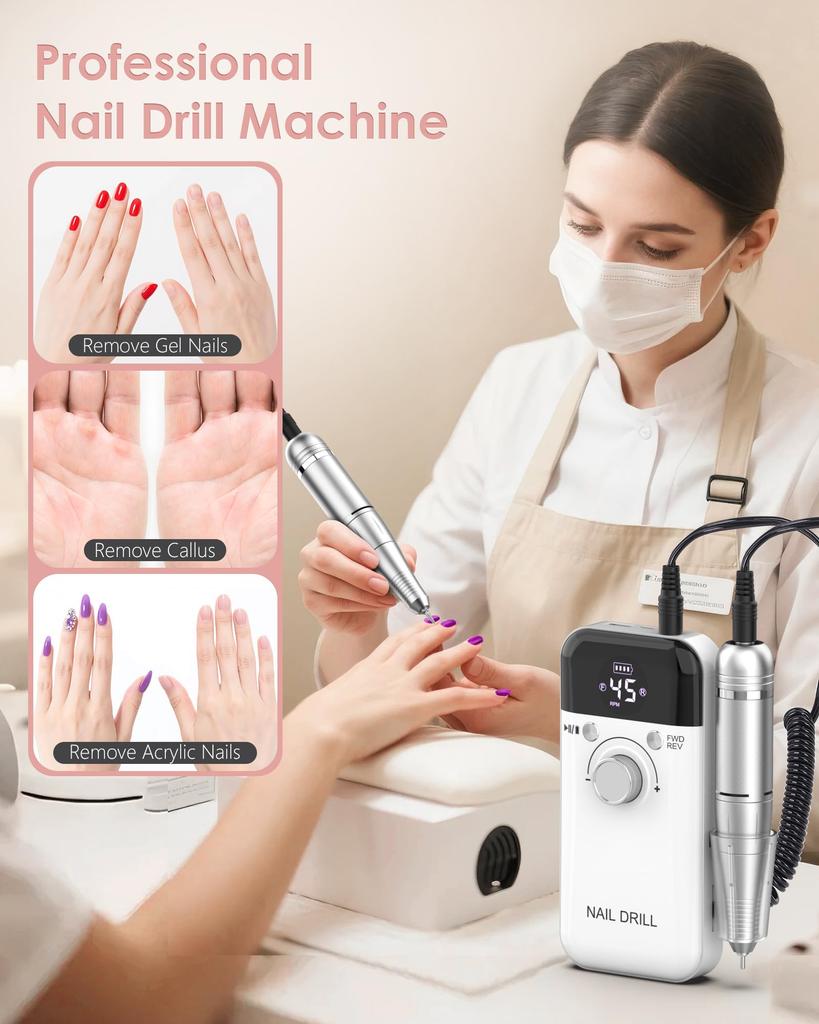 Electric Nail Drill Professional: 45000 RPM Portable Rechargeable Nail Drills Machine with 6 Bits, Drill para Uñas E File for Ac
