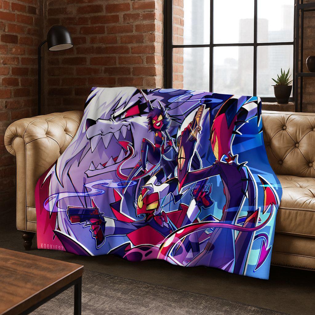 3D H-Helluva Boss Blitzo H-Hazbin Hotel Cartoon Flannel Blanket,Cozy Soft Throw Blanket for Home Bedroom Bed Sofa Cover Gift Kid
