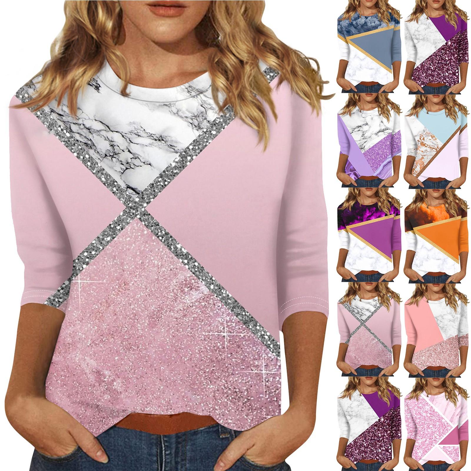 

Women s Fashion Casual Seven Split Sleeve Patchwork Printed Round Neck Loose Top L синий