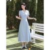 Women's Blue Short Sleeve Fake Two-Piece A-Line Dress