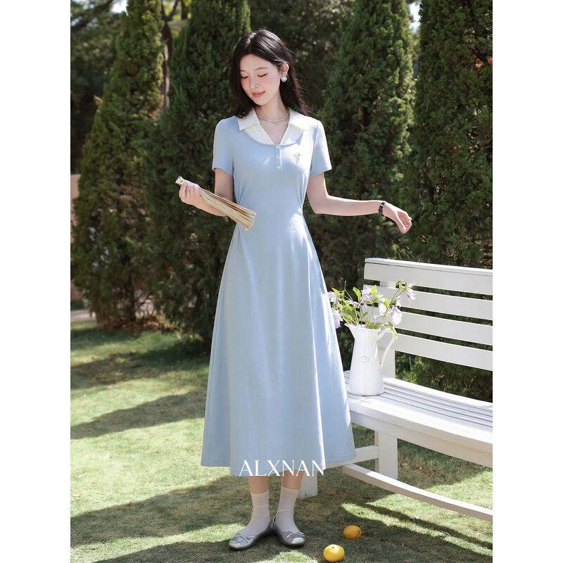 

Women s Blue Short Sleeve Fake Two-Piece A-Line Dress L