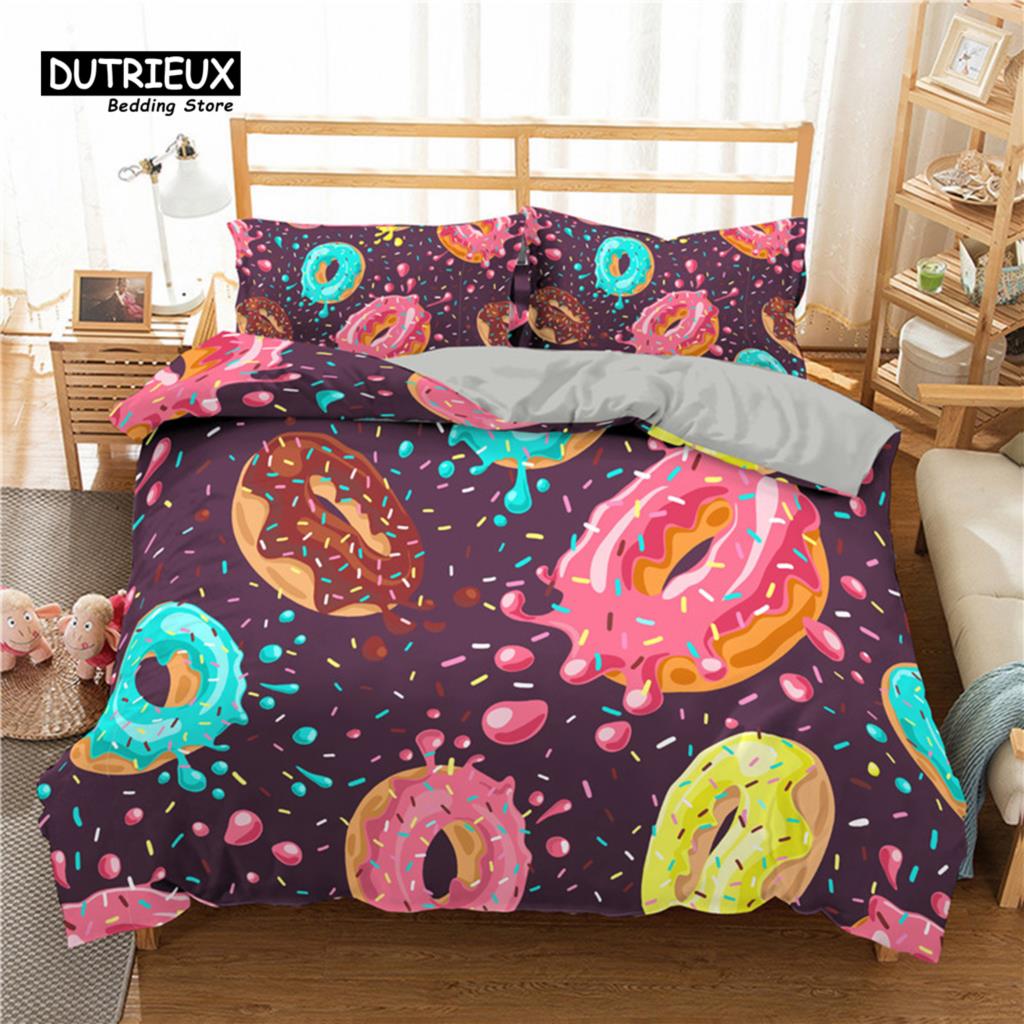 Soft Cute Donuts Duvet Cover Set Dessert Theme Bedding Set For Girls Boys Gifts Microfiber Funny Cartoon Tasty Foods Quilt Cover