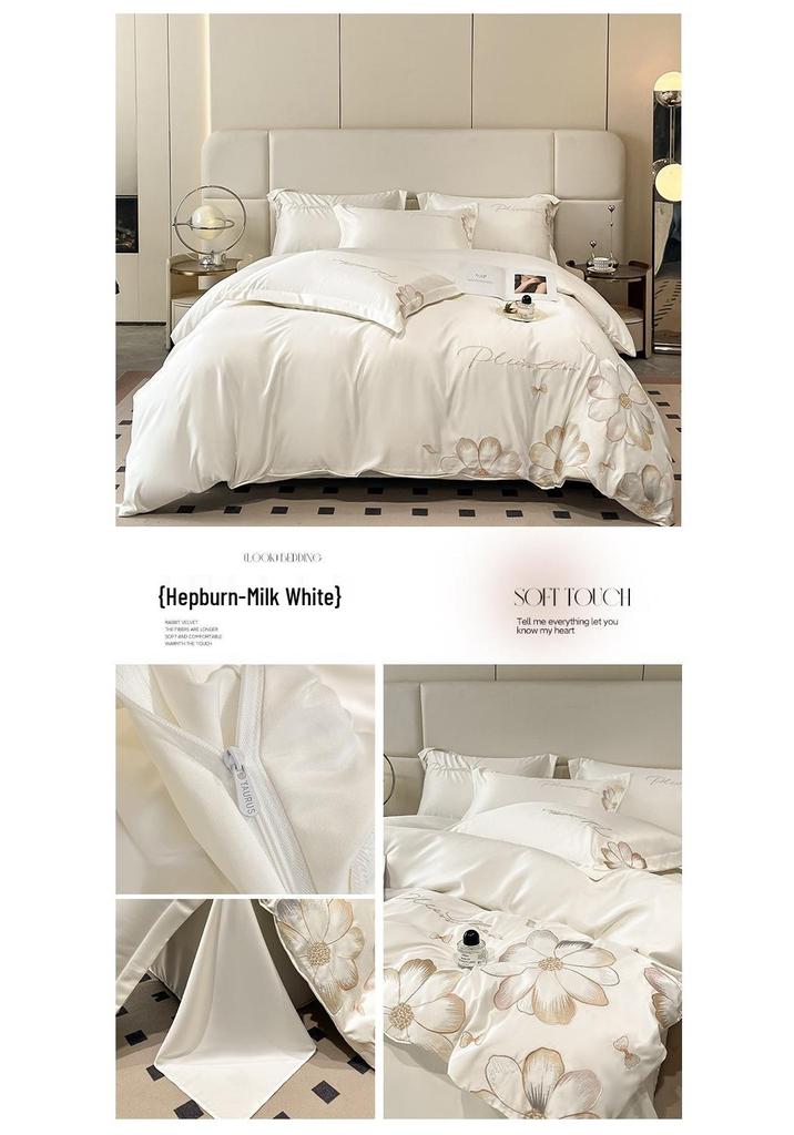 Hepburn Series: Luxurious Floral Embroidery Cotton Bed Sheet Set - Skin-Friendly, Fitted Style, Four-Piece