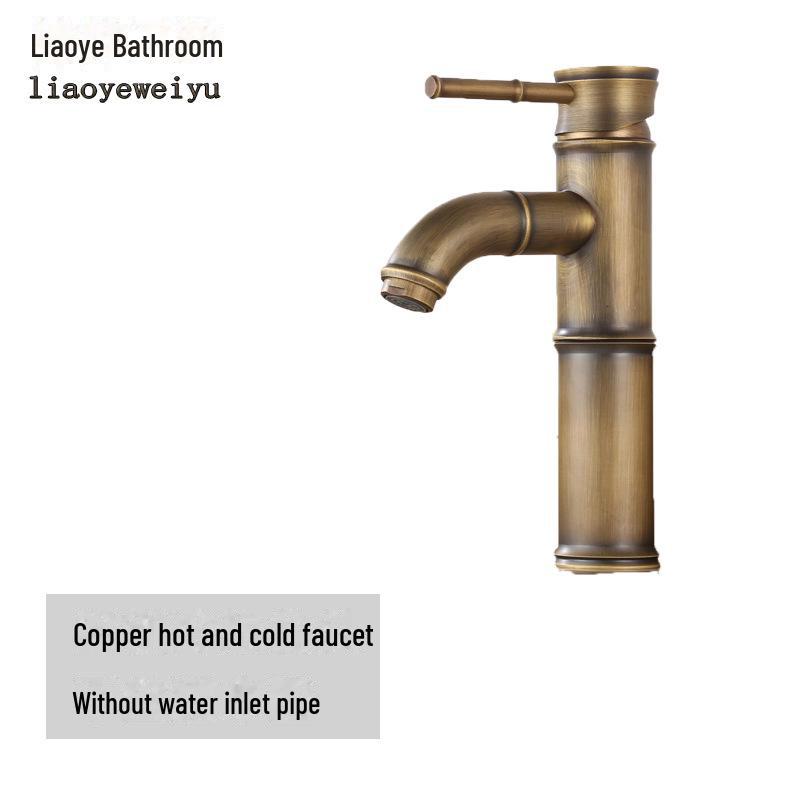 Baterie de baie europeană antică din cupru cu bambus – Baterie pentru lavoar cu apă caldă/rece pentru chiuvete deasupra blatului