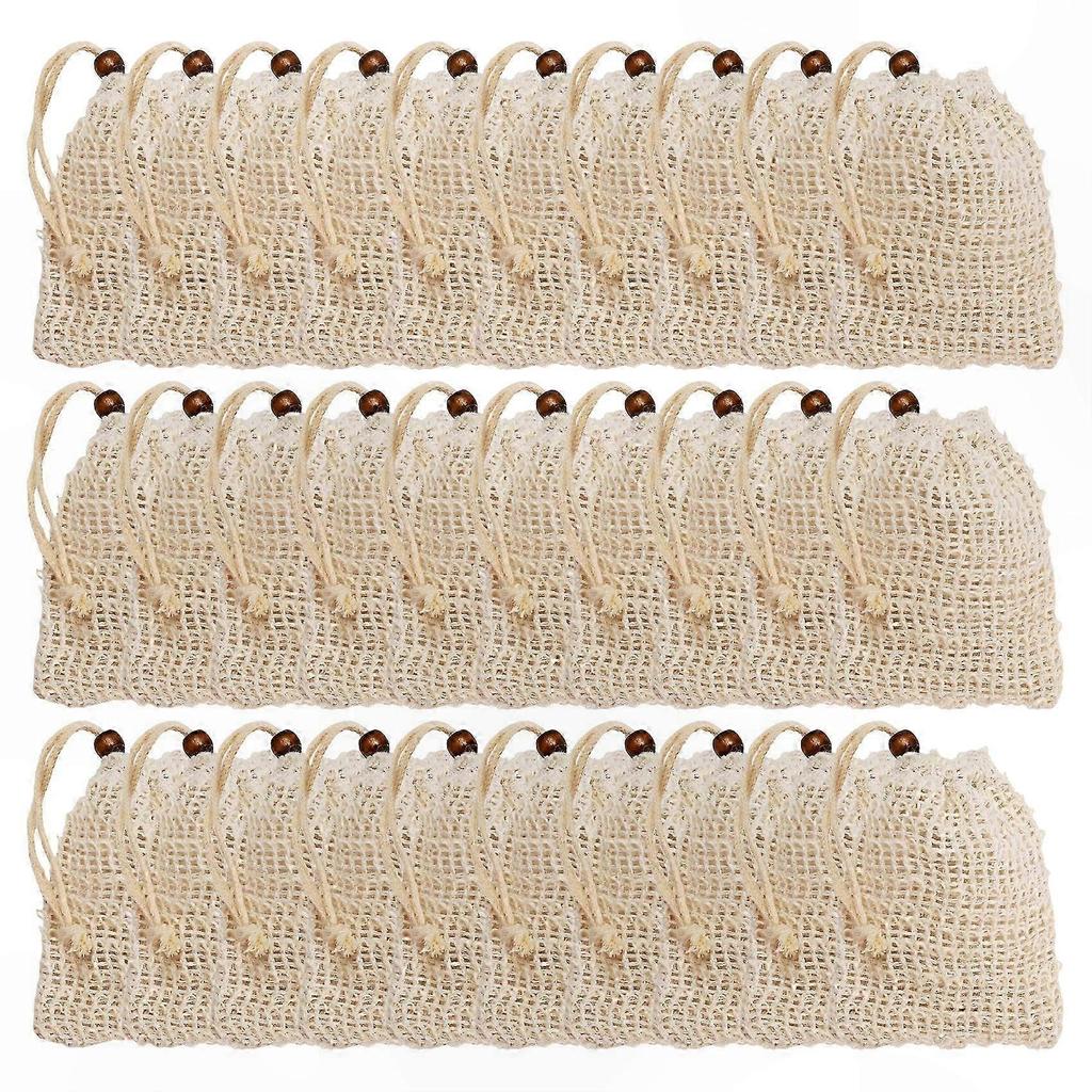 Natural Ramie Mesh Soap Bags with Drawstring for Shower, 30-Pack Saver Pouches for Homemade Soap Storage