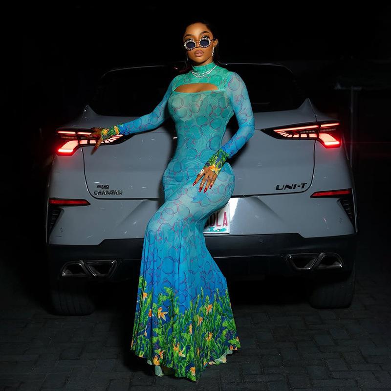 Women's Mock Neck Long Sleeve Bodycon Maxi Dress Elastic Waist Cutout Printed Mesh Mermaid Sexy Dress