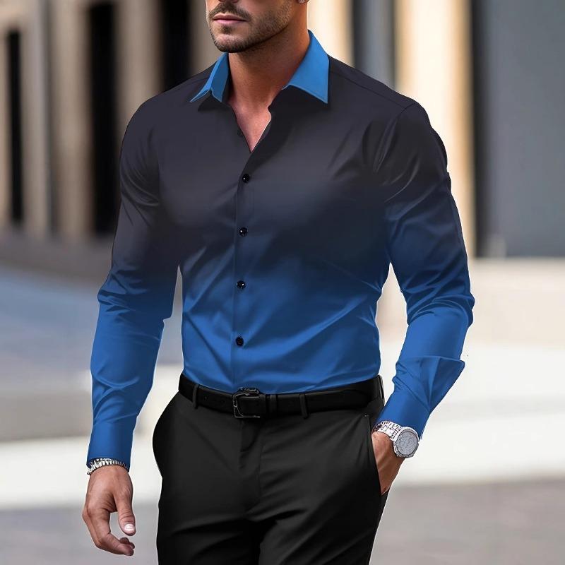 Men Gradient Color Lapel Long Sleeve Button Down Dress Shirt