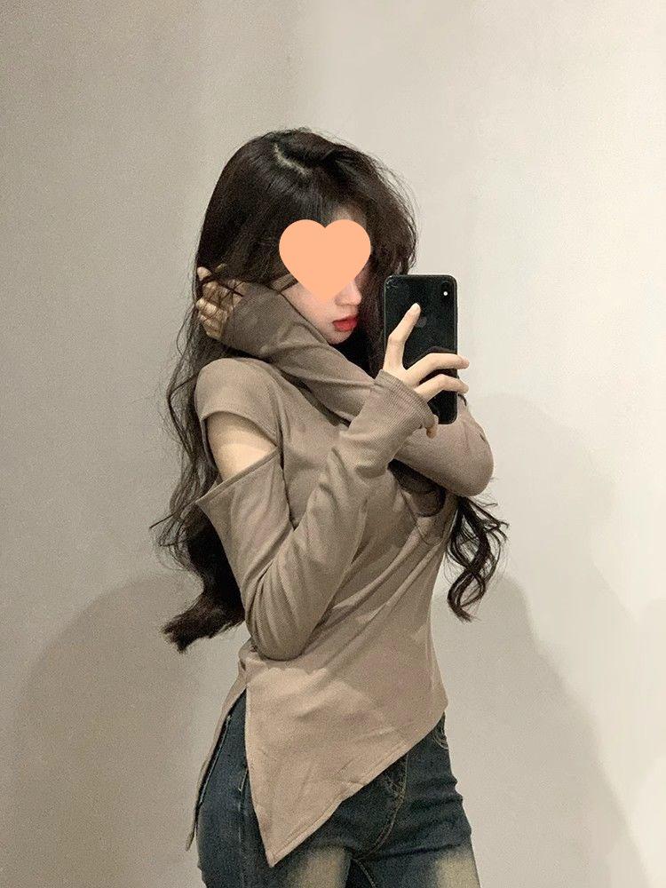 Women's Off-Shoulder Slim Fit Brushed Turtleneck Long Sleeve Top for Autumn/Winter