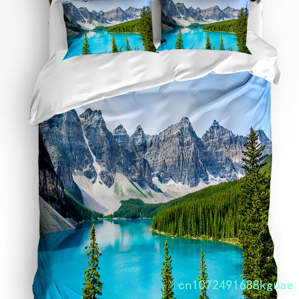 3pcs Bedding Set Winter Snow Mountain Morning Scenery House Duvet Cover Pillow Case Boy Kid Teen Girl Bedding Covers Set