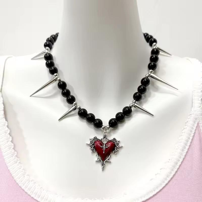 Y2K Gothic Jewelry Heart Rose Cross Pendant Black Beaded Chain Rivet Necklace For Women Men Punk Vintage Grunge Neck Accessories