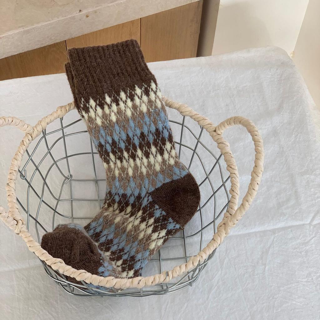 Little Red Book Thickened Warm Wool Socks For Children Piles Up Winter Diamond Lattice Nordic Style Socks