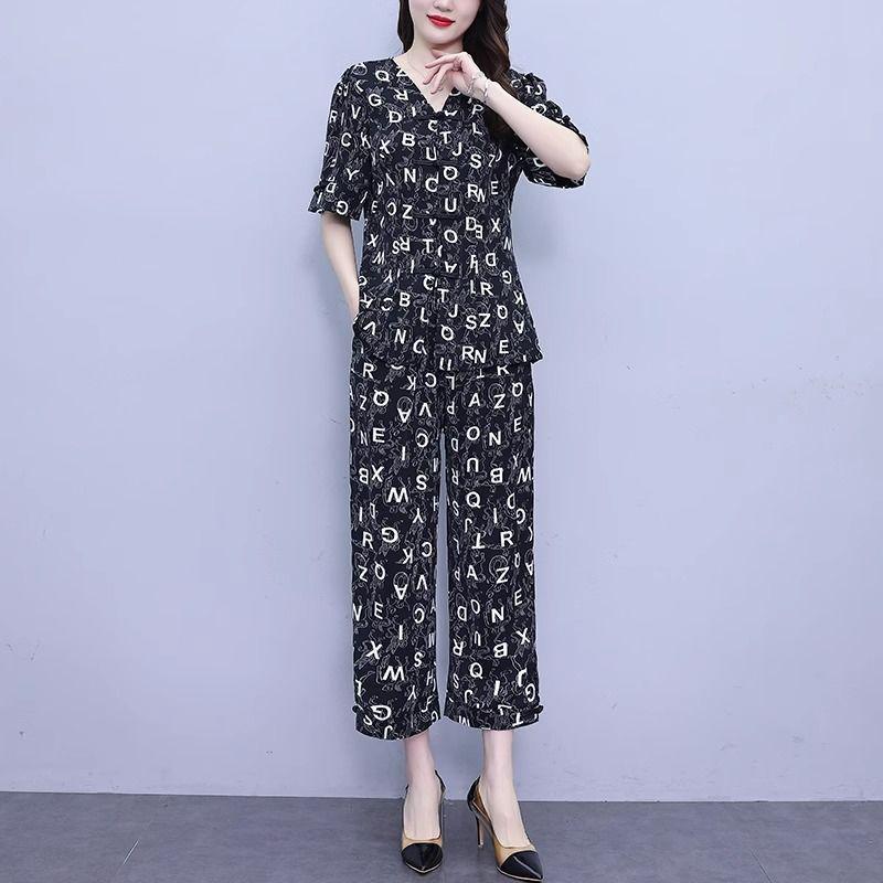 

Plus Size Women s Age-Defying Print Top & Pants Set - Summer 2025 Collection M (85-105 jin)